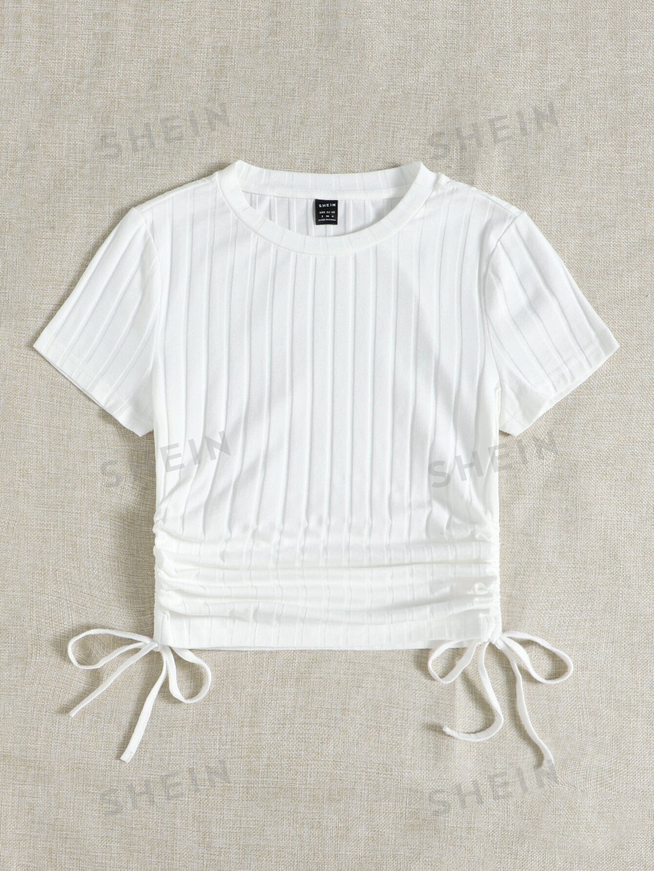 SHEIN Round Neck Short Sleeves Drawstring Ruched Side Rib-Knit Tee - Negative Apparel