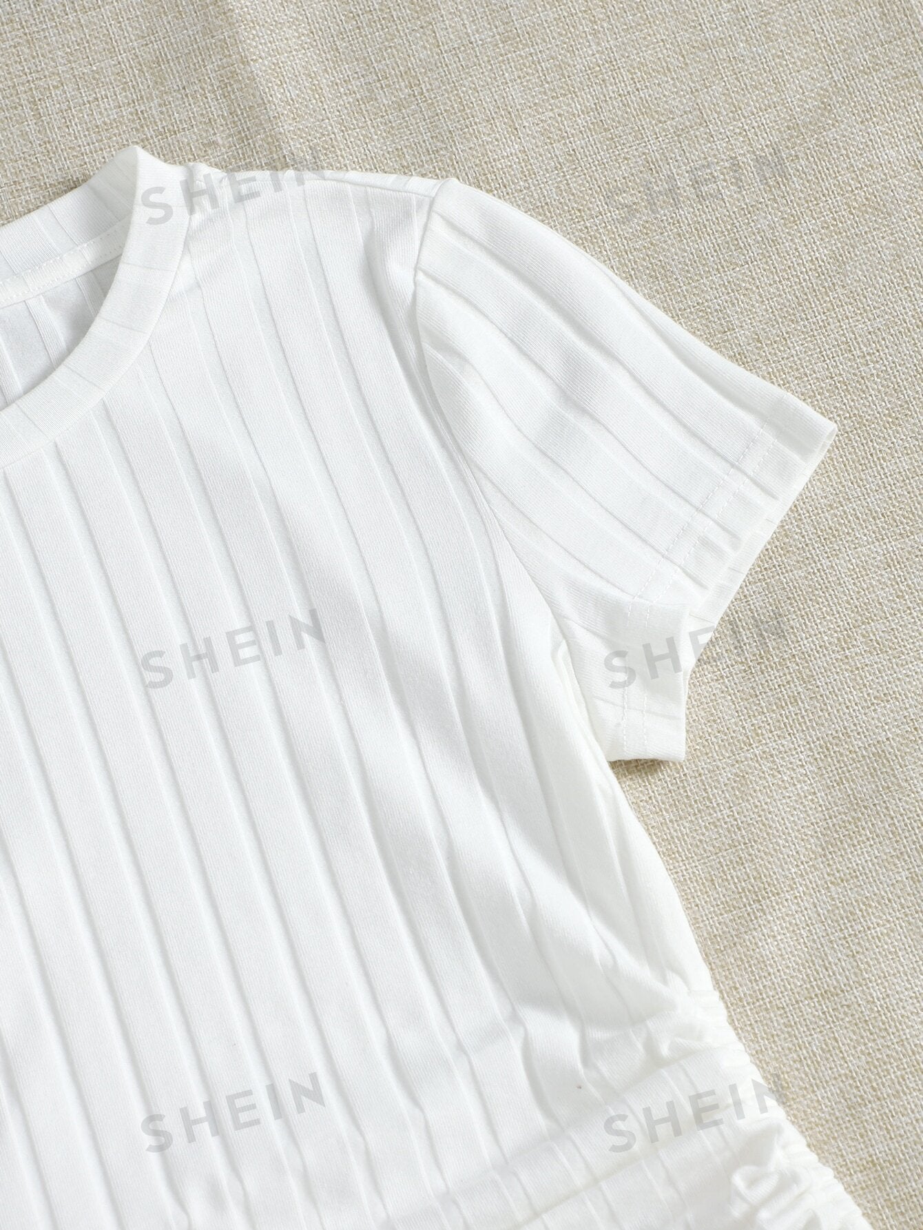 SHEIN Round Neck Short Sleeves Drawstring Ruched Side Rib-Knit Tee - Negative Apparel
