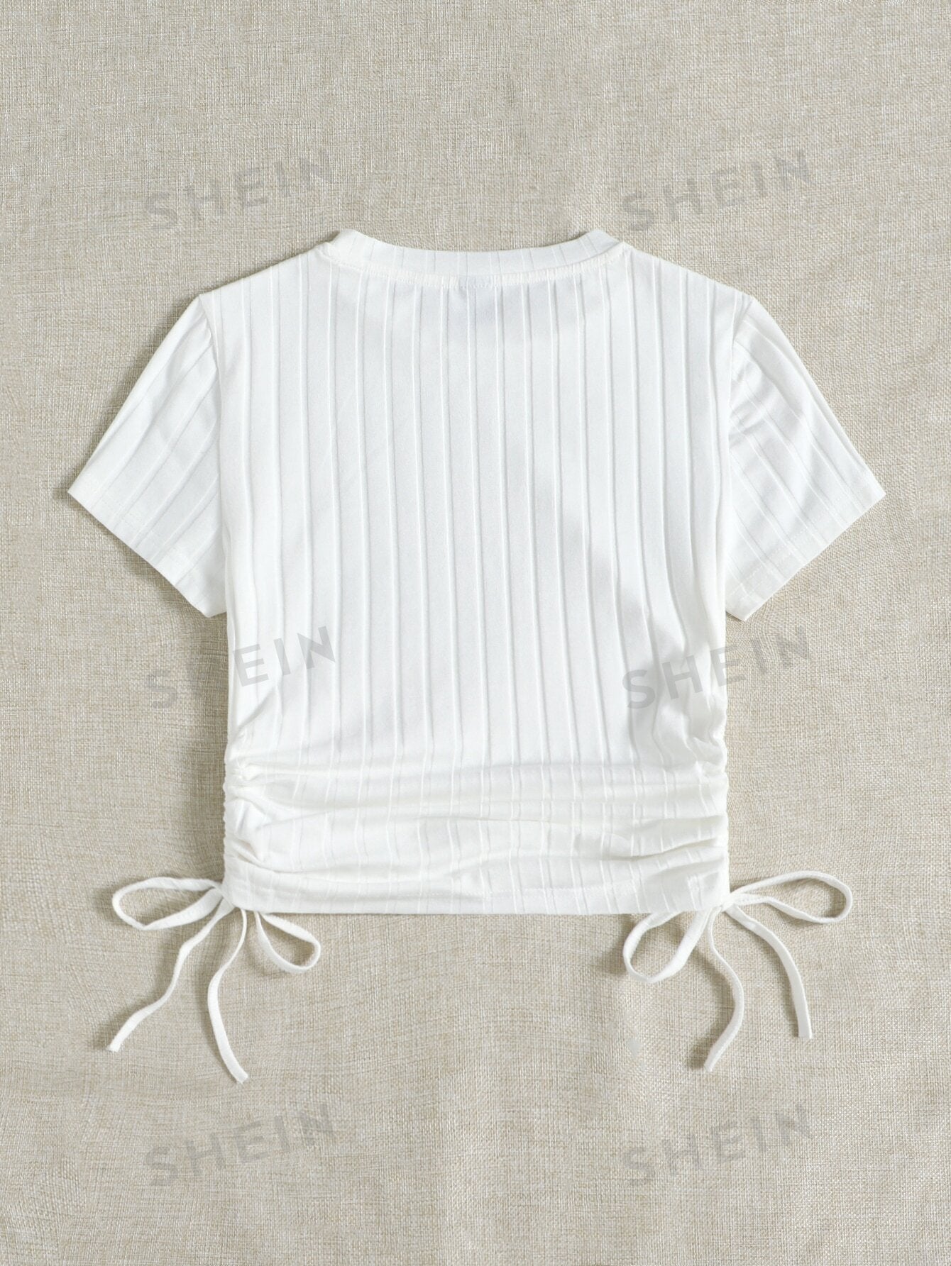SHEIN Round Neck Short Sleeves Drawstring Ruched Side Rib-Knit Tee - Negative Apparel