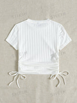 SHEIN Round Neck Short Sleeves Drawstring Ruched Side Rib-Knit Tee - Negative Apparel