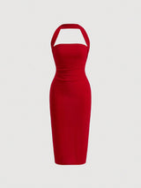SHEIN Solid Ruched Halter Neck Backless Dress - Negative Apparel