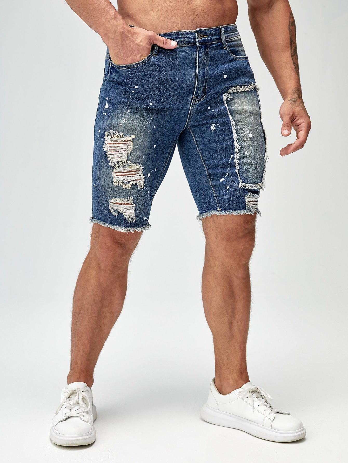 SHEIN Splatter Paint Ripped Frayed Raw Trim Denim Shorts - Negative Apparel