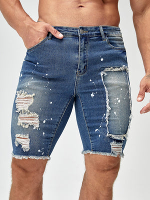 SHEIN Splatter Paint Ripped Frayed Raw Trim Denim Shorts - Negative Apparel