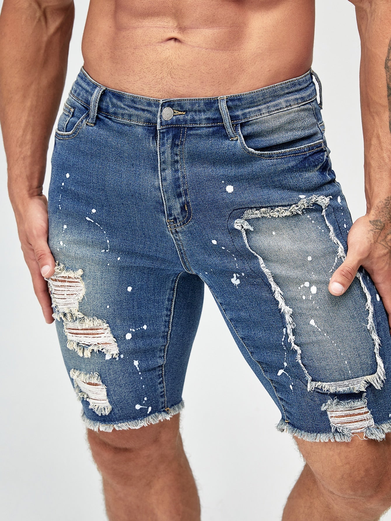 SHEIN Splatter Paint Ripped Frayed Raw Trim Denim Shorts - Negative Apparel