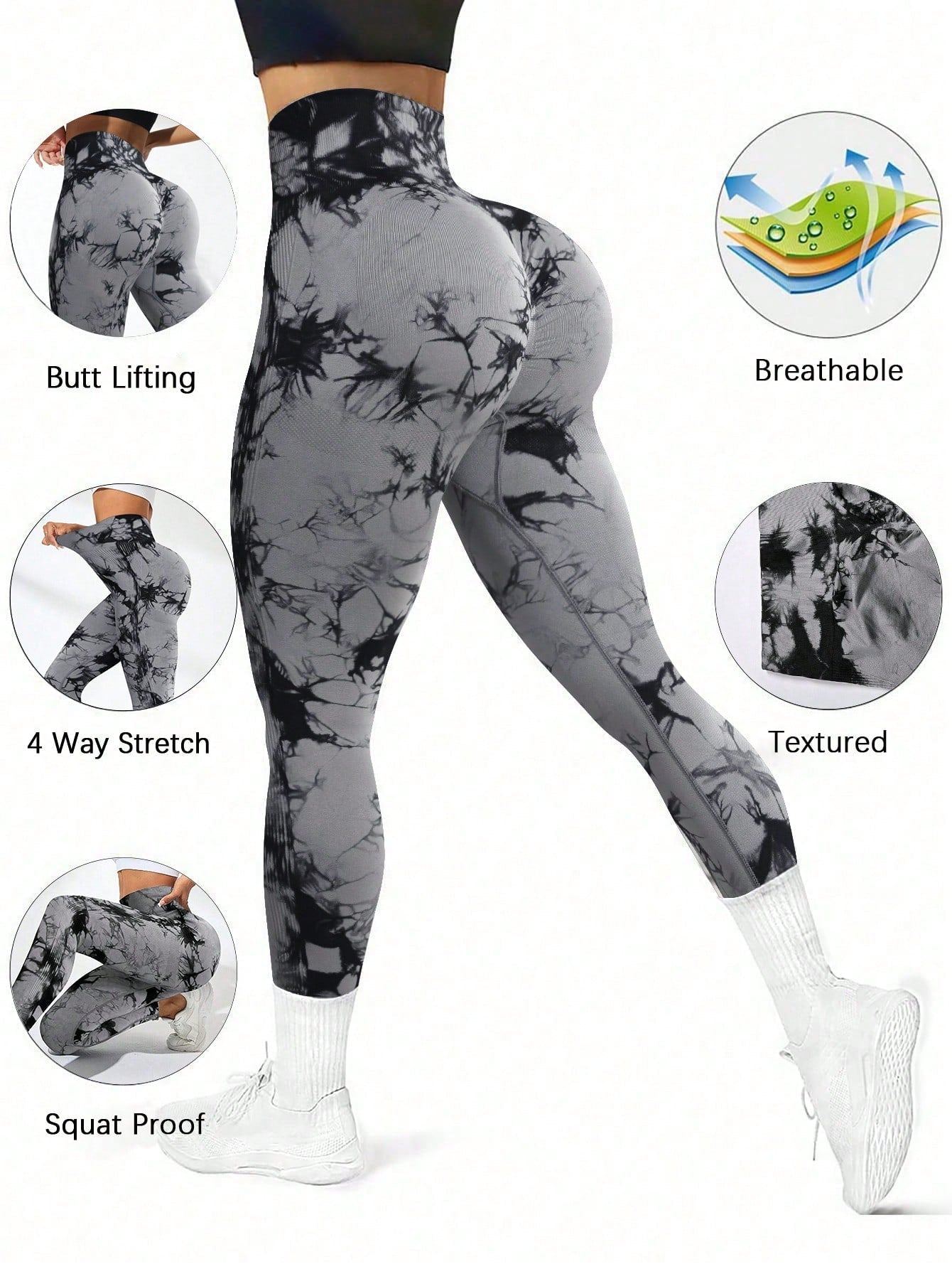 SHEIN Sport Studio Seamless Tie Dye Wideband Waist Sports Leggings - Negative Apparel