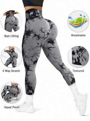 SHEIN Sport Studio Seamless Tie Dye Wideband Waist Sports Leggings - Negative Apparel
