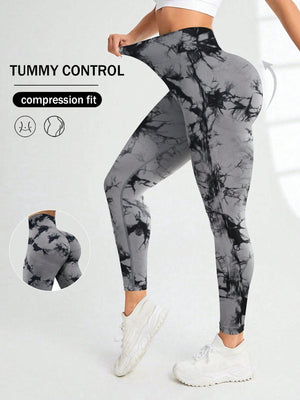 SHEIN Sport Studio Seamless Tie Dye Wideband Waist Sports Leggings - Negative Apparel