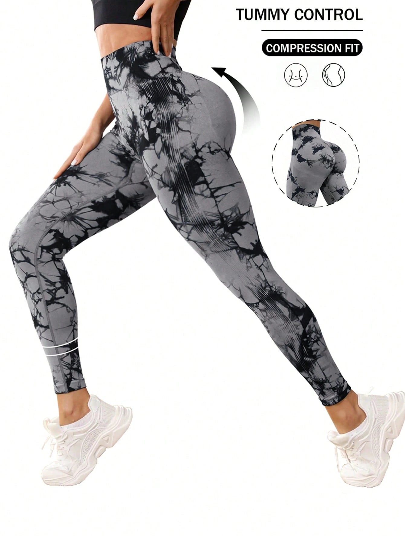 SHEIN Sport Studio Seamless Tie Dye Wideband Waist Sports Leggings - Negative Apparel