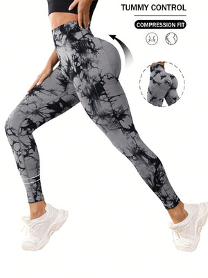 SHEIN Sport Studio Seamless Tie Dye Wideband Waist Sports Leggings - Negative Apparel