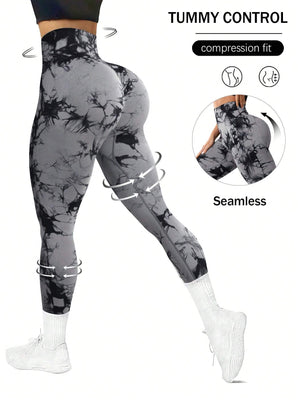 SHEIN Sport Studio Seamless Tie Dye Wideband Waist Sports Leggings - Negative Apparel