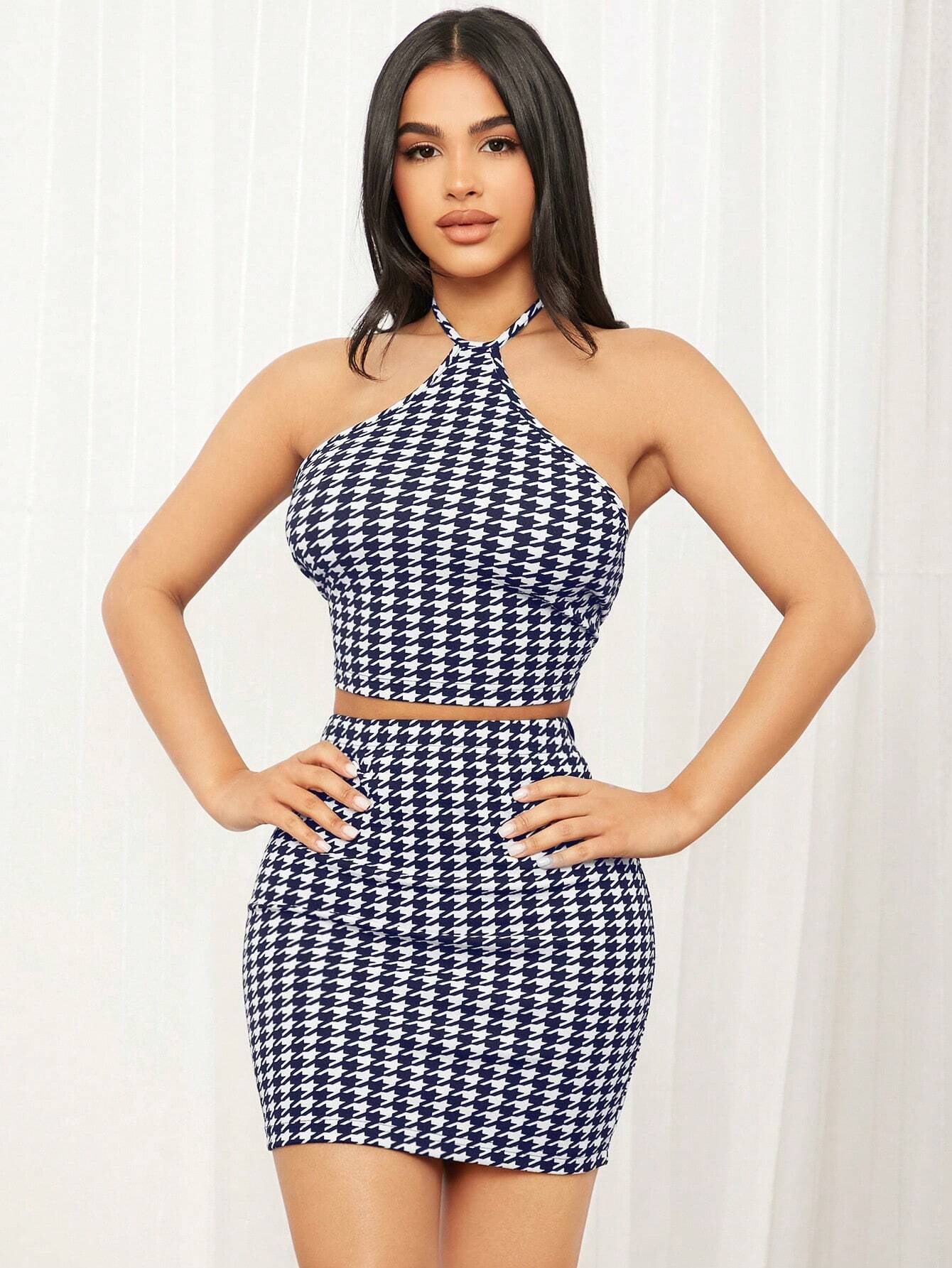 SHEIN SXY Houndstooth Print Backless Halter Top & Bodycon Skirt - XS / Black and White SHEIN SXY Houndstooth Print Backless Halter Top & Bodycon Skirt - XS / Black and White