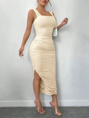 SHEIN SXY Square Neck Ruched Split Thigh Cami Dress - Negative Apparel