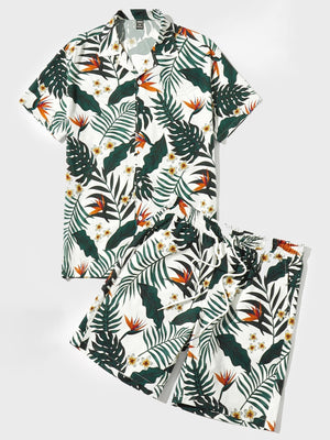 SHEIN Tropical Print Shirt & Drawstring Waist Shorts - Negative Apparel