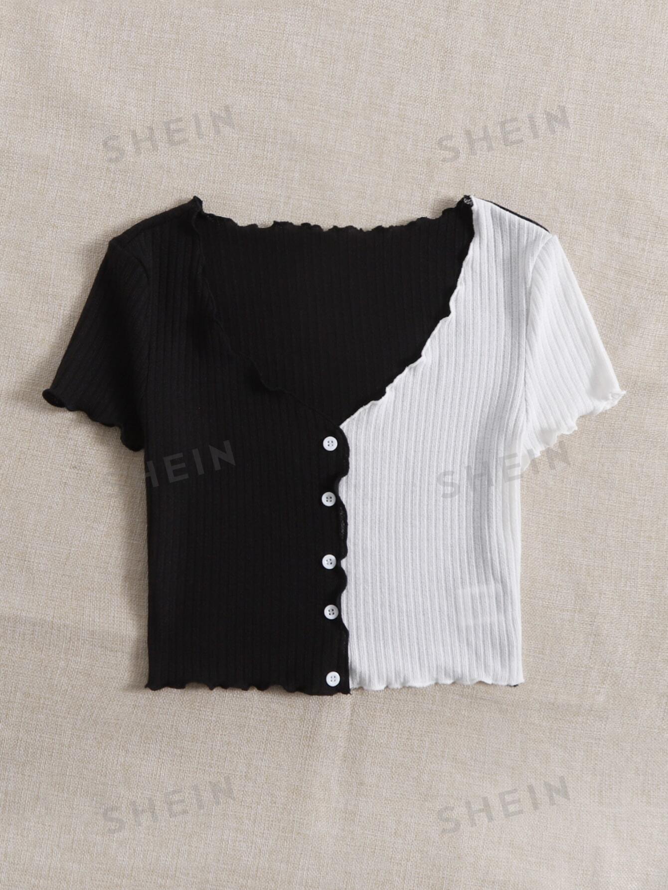 SHEIN Two Tone Lettuce Trim Tee - Negative Apparel