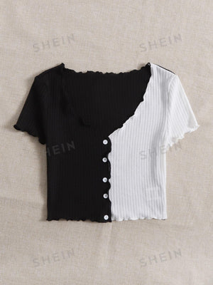 SHEIN Two Tone Lettuce Trim Tee - Negative Apparel