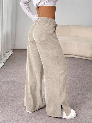 SHEIN Unity Autumn/Winter Casual Corduroy Side Slit Loose Straight Leg Maxi Pants For Women FD - Negative Apparel