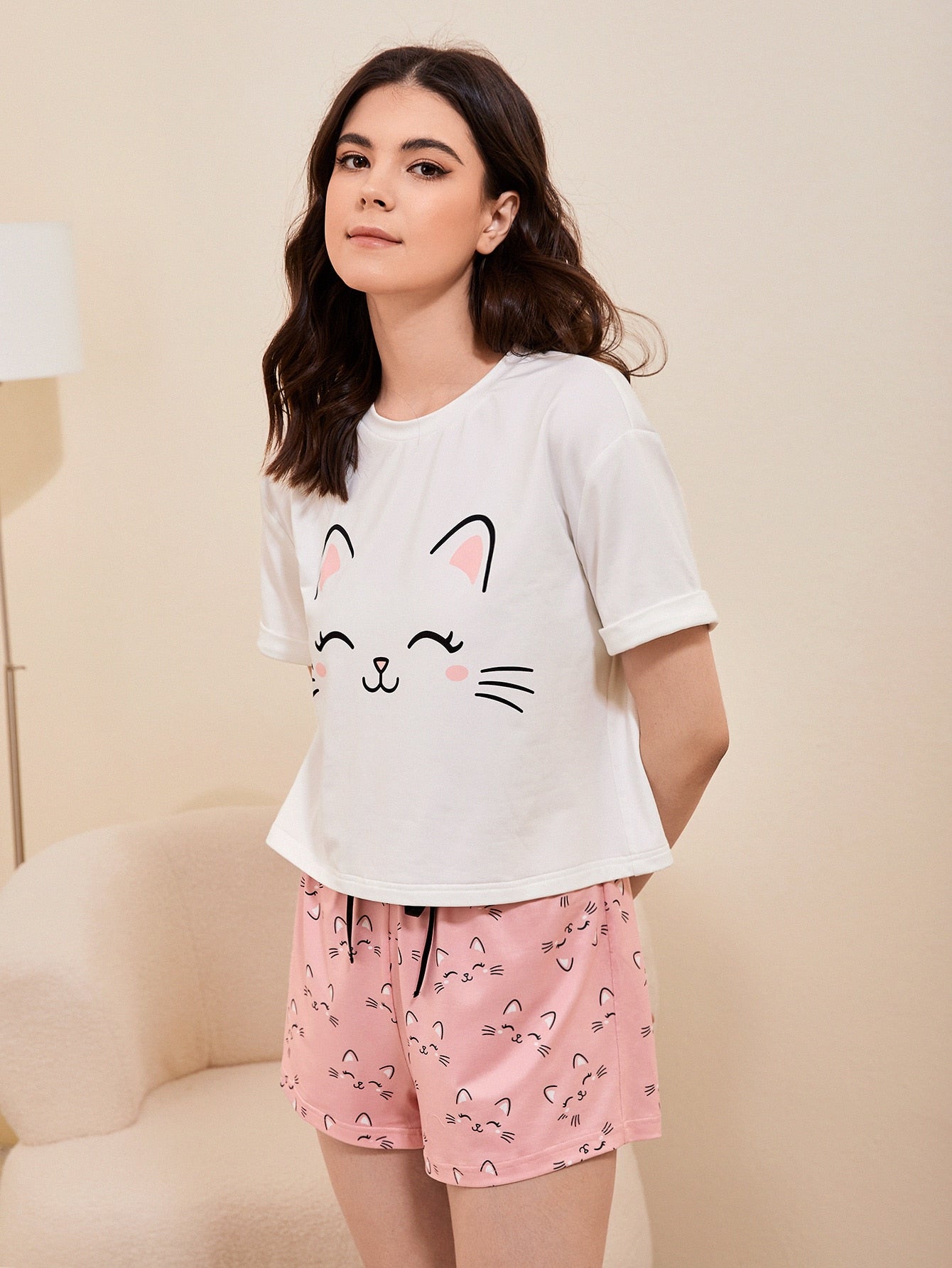 SHEIN Unity Cat Print Tie Front PJ Set - Negative Apparel