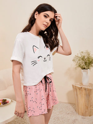 SHEIN Unity Cat Print Tie Front PJ Set - Negative Apparel