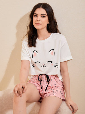 SHEIN Unity Cat Print Tie Front PJ Set - Negative Apparel