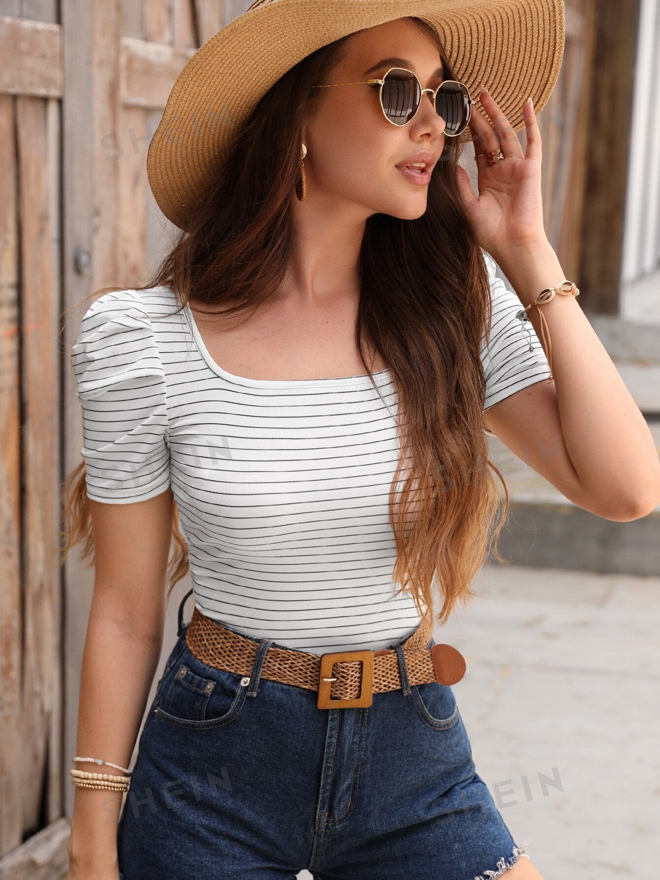 SHEIN VCAY Striped Print Puff Sleeve Tee - Negative Apparel
