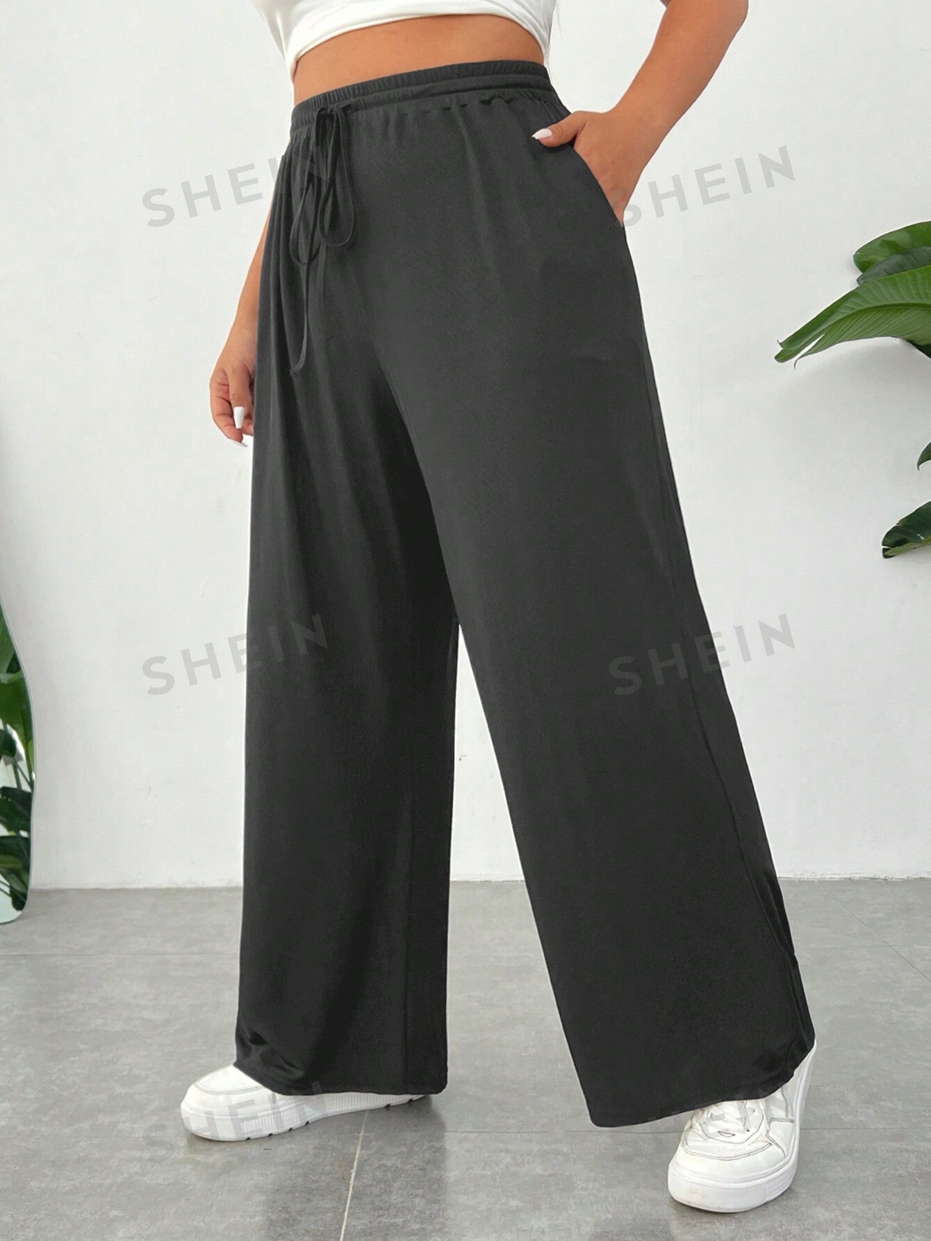 SHEIN Women's Plus Size Black Summer Knitted Ribbed Fabric High - Waist Straight - Leg Loose Pants With Ice Silk Cooling Function, Pockets, Elastic Waistband & Smooth Anti - Static Fabric, Suitable For Daily Activities And Sports - Negative Apparel