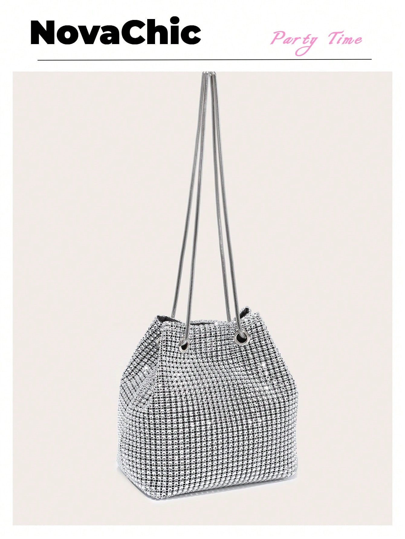 Shiny Mini Rhinestone Decor Chain Bucket Bag - Negative Apparel
