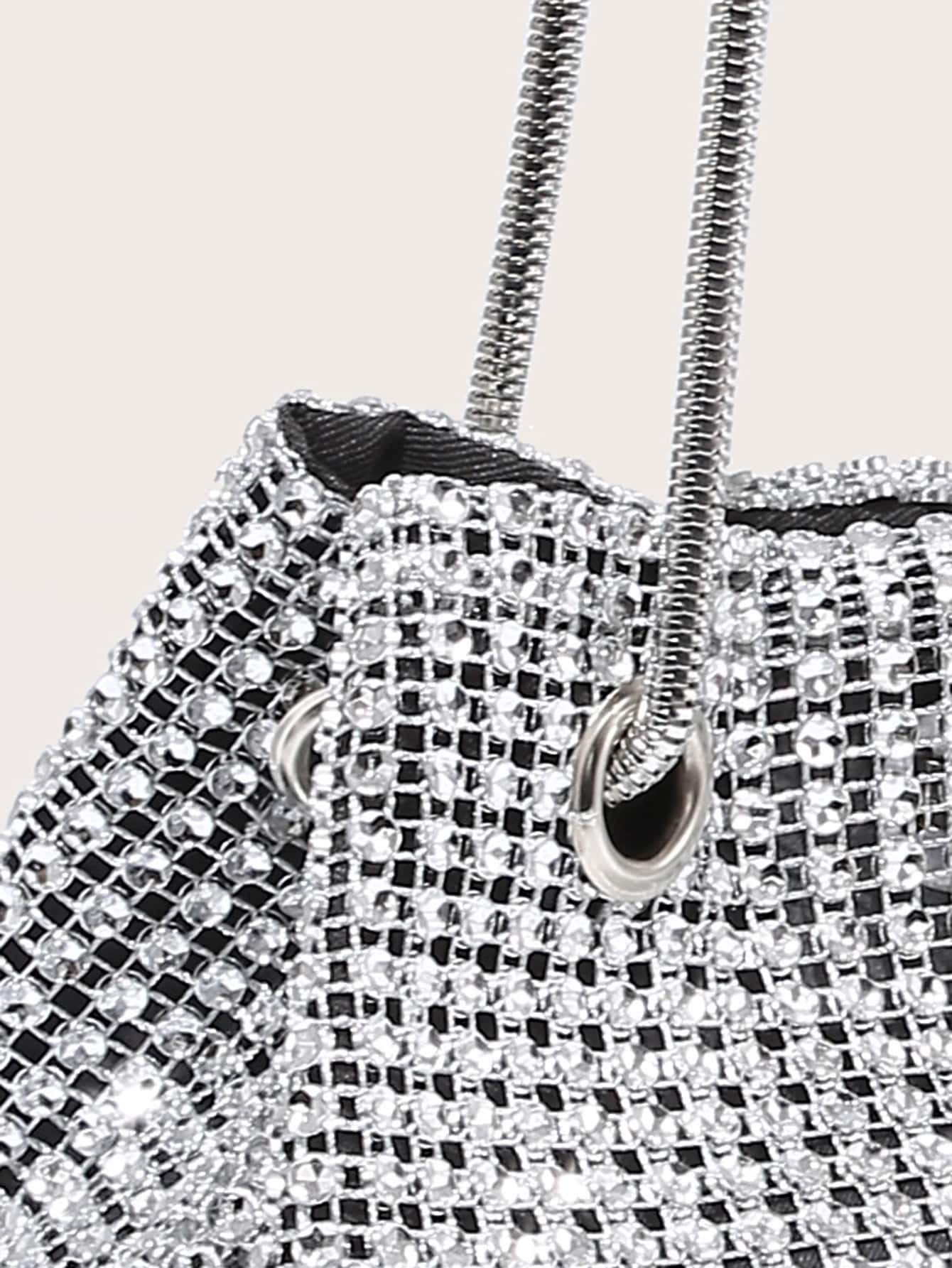 Shiny Mini Rhinestone Decor Chain Bucket Bag - Negative Apparel