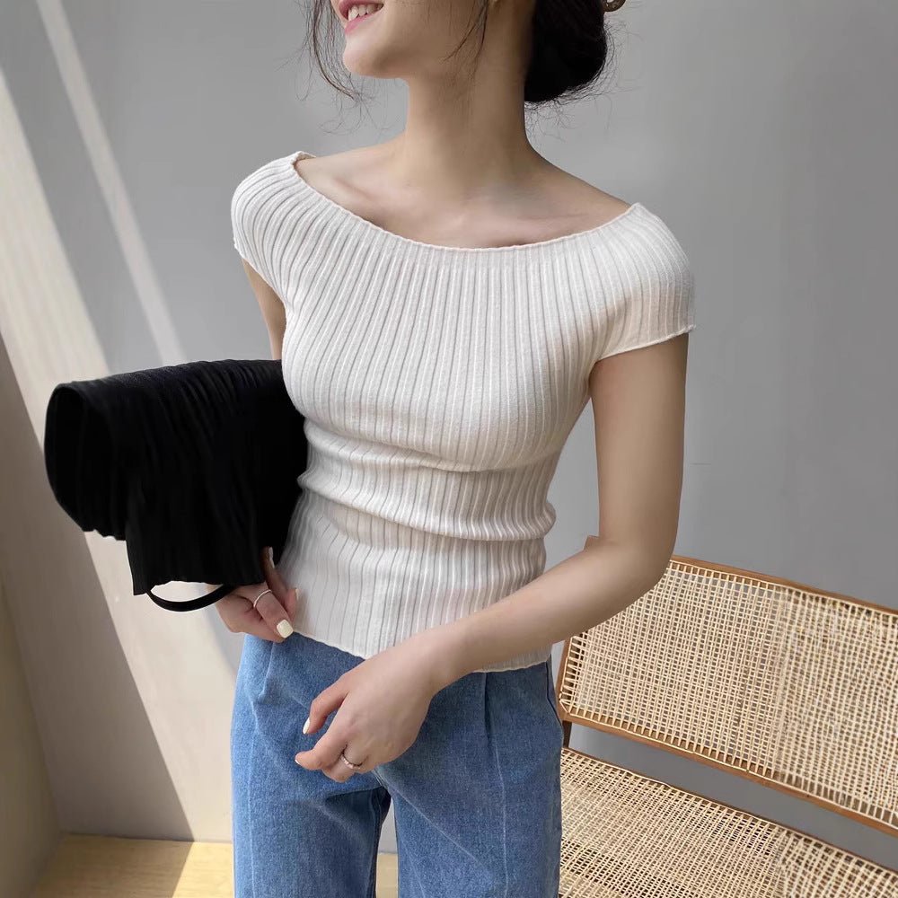 Short one - word shoulder knitted T-shirt women's short - sleeved outer wear slim - fitting 2024 summer new sexy versatile base inner fit - Negative Apparel