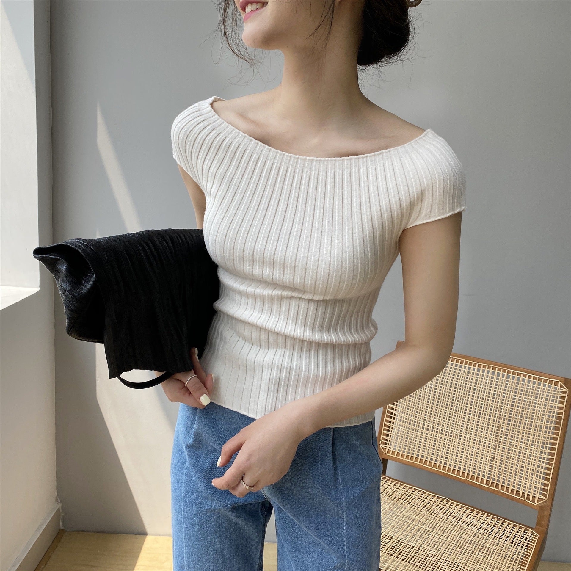 Short one - word shoulder knitted T-shirt women's short - sleeved outer wear slim - fitting 2024 summer new sexy versatile base inner fit - Negative Apparel