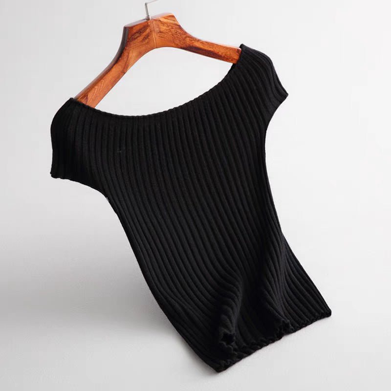 Short one - word shoulder knitted T-shirt women's short - sleeved outer wear slim - fitting 2024 summer new sexy versatile base inner fit - Negative Apparel