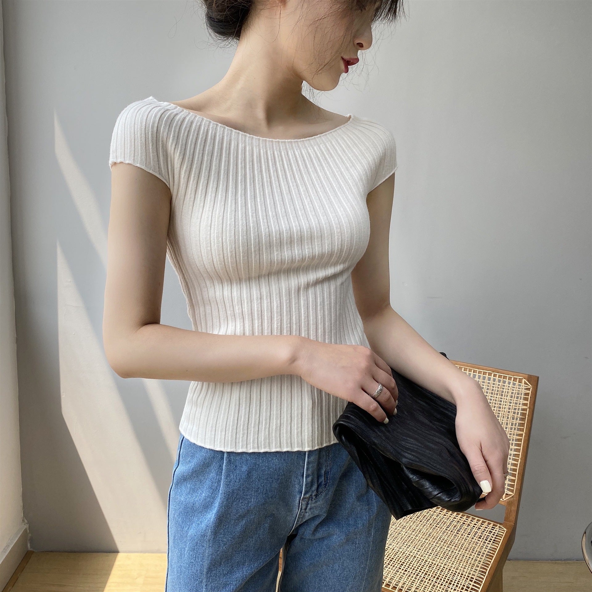 Short one - word shoulder knitted T-shirt women's short - sleeved outer wear slim - fitting 2024 summer new sexy versatile base inner fit - Negative Apparel