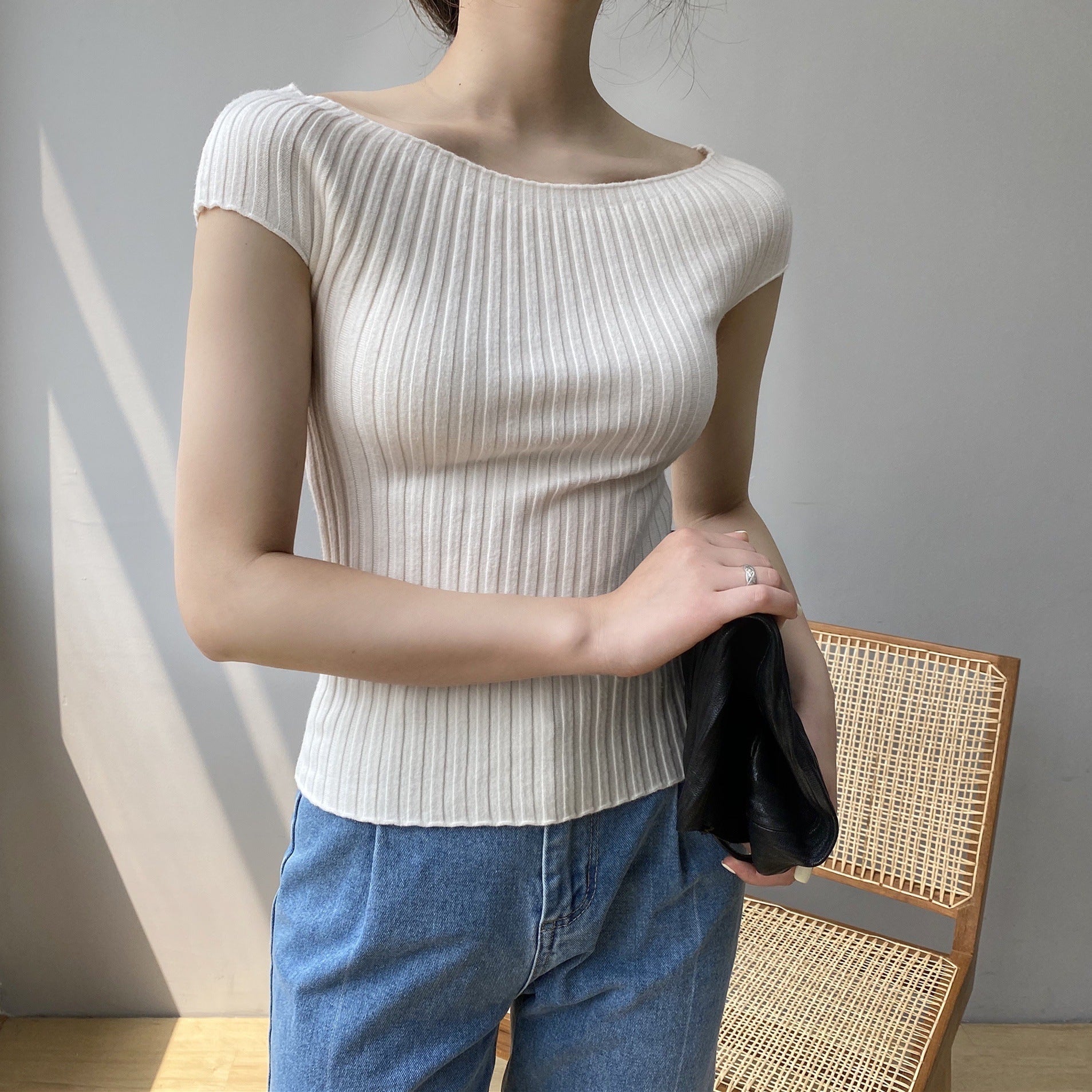 Short one - word shoulder knitted T-shirt women's short - sleeved outer wear slim - fitting 2024 summer new sexy versatile base inner fit - Negative Apparel