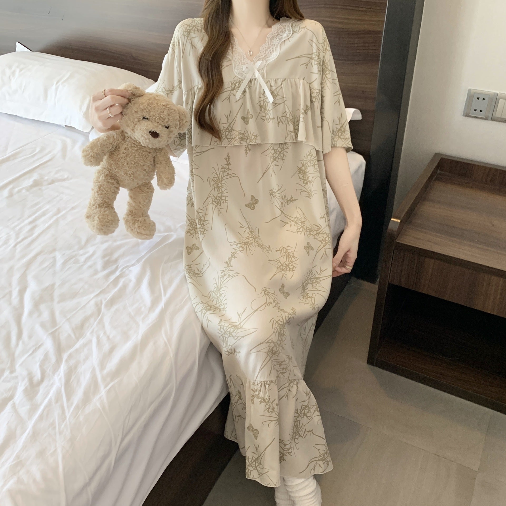 Short Sleeve Pajama Women's Spring and Summer Cotton Silk Pajamas Cotton Silk Premium Sweet Cotton Silk Pajama Dress Large Size HDF5290 - Negative Apparel