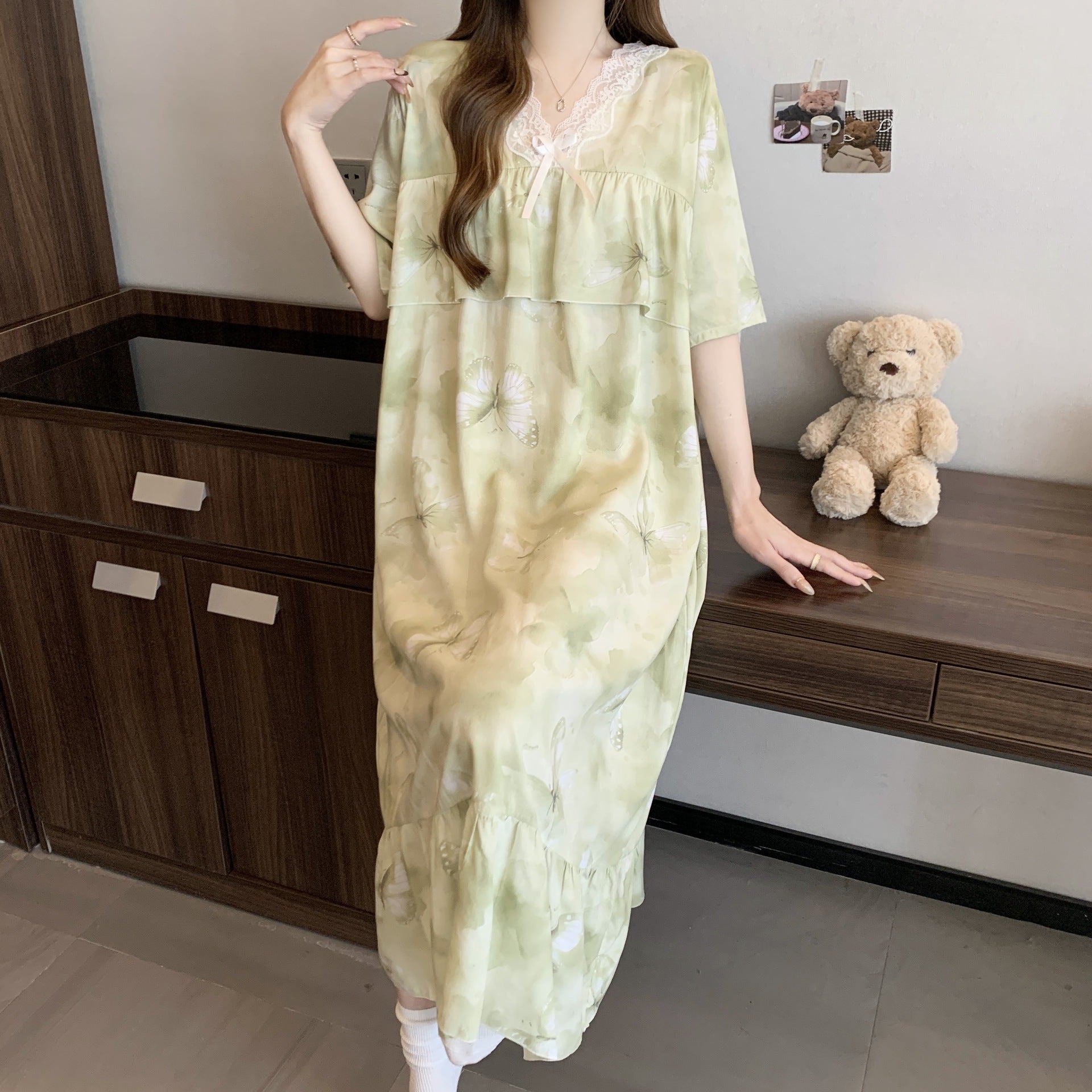 Short Sleeve Pajama Women's Spring and Summer Cotton Silk Pajamas Cotton Silk Premium Sweet Cotton Silk Pajama Dress Large Size HDF5290 - Negative Apparel