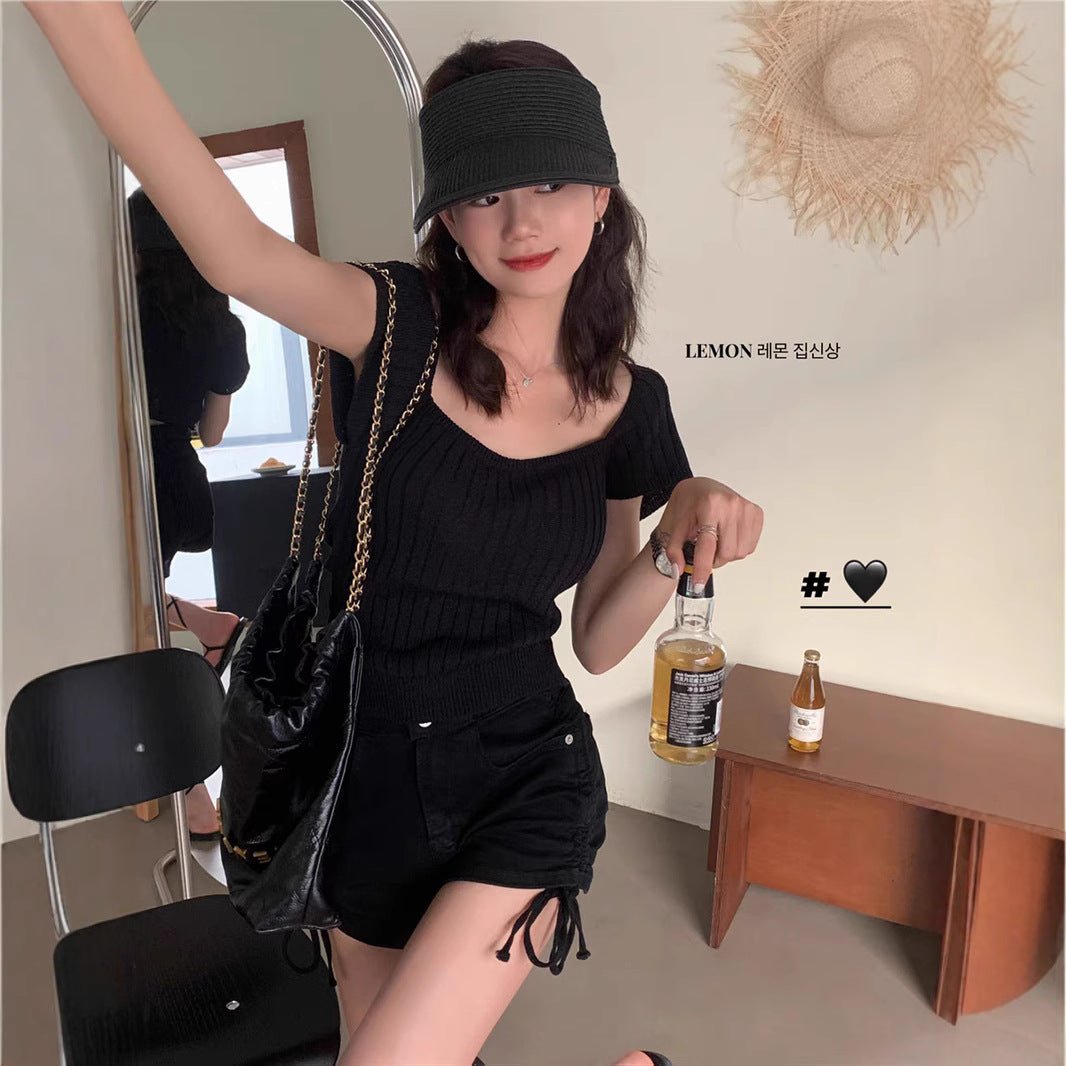 Short - sleeved knitted T-shirt women's summer 2025 new sweet and spicy wind vertical strip back lace - up machine short top tide - Negative Apparel