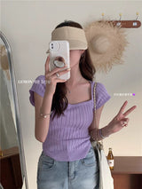 Short - sleeved knitted T-shirt women's summer 2025 new sweet and spicy wind vertical strip back lace - up machine short top tide - Negative Apparel