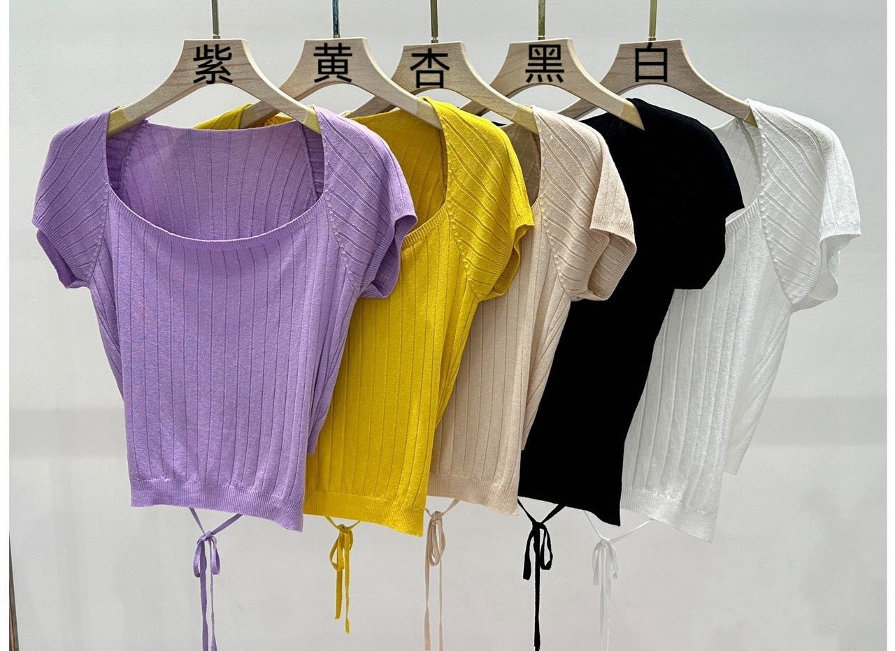 Short - sleeved knitted T-shirt women's summer 2025 new sweet and spicy wind vertical strip back lace - up machine short top tide - Negative Apparel