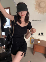 Short - sleeved knitted T-shirt women's summer 2025 new sweet and spicy wind vertical strip back lace - up machine short top tide - Negative Apparel