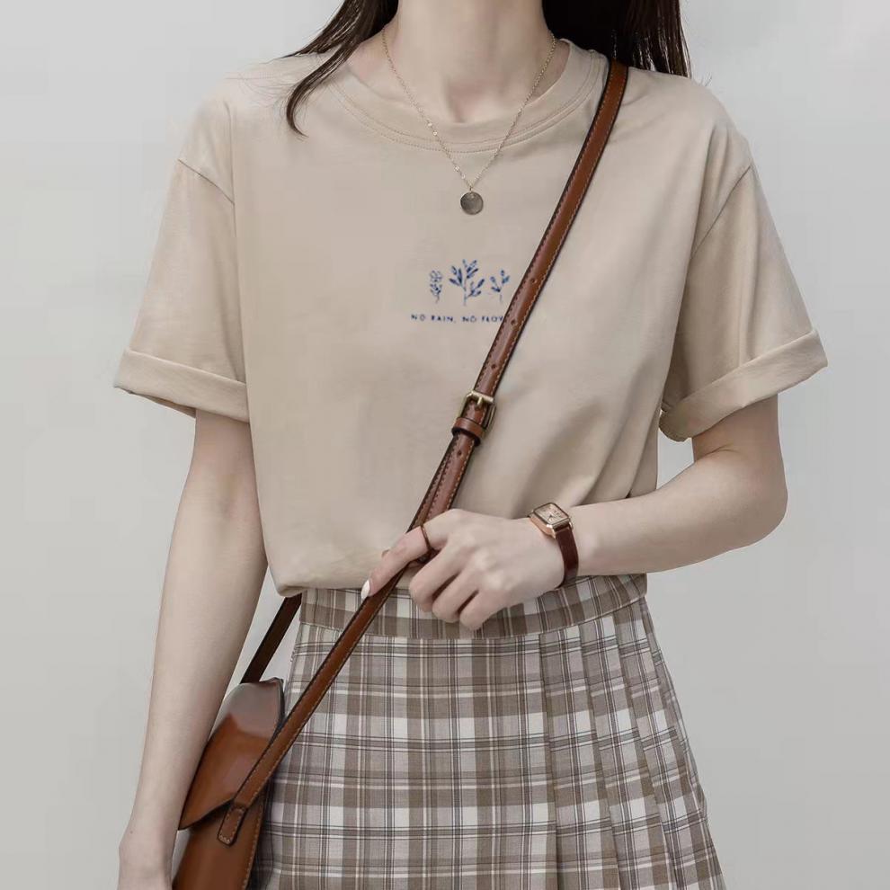 Short - sleeved Korean round neck T-shirt for women in summer with loose plant print casual solid color fire student half - sleeved top - Negative Apparel