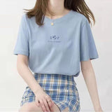 Short - sleeved Korean round neck T-shirt for women in summer with loose plant print casual solid color fire student half - sleeved top - Negative Apparel