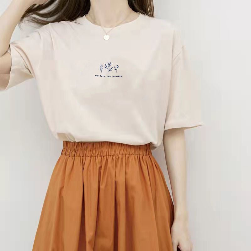 Short - sleeved Korean round neck T-shirt for women in summer with loose plant print casual solid color fire student half - sleeved top - Negative Apparel