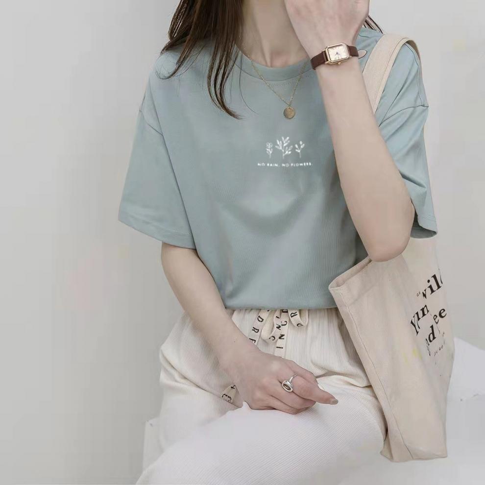 Short - sleeved Korean round neck T-shirt for women in summer with loose plant print casual solid color fire student half - sleeved top - Negative Apparel