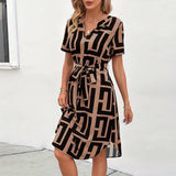 Short - sleeved plaid dress summer vacation small pendulum belt V - neck A - line medium dress - Negative Apparel