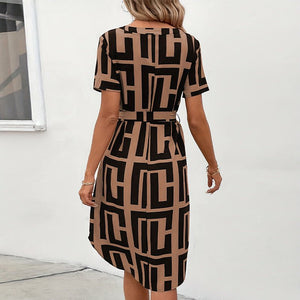 Short - sleeved plaid dress summer vacation small pendulum belt V - neck A - line medium dress - Negative Apparel