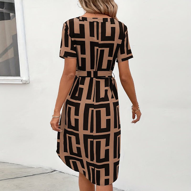 Short - sleeved plaid dress summer vacation small pendulum belt V - neck A - line medium dress - Negative Apparel