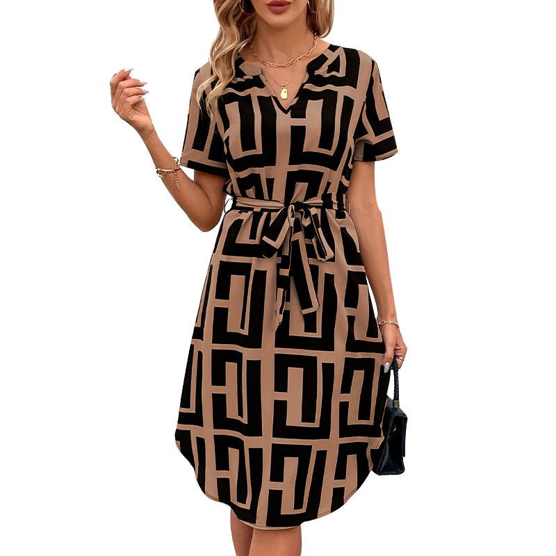 Short - sleeved plaid dress summer vacation small pendulum belt V - neck A - line medium dress - Negative Apparel