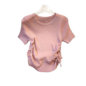 Short - sleeved T-shirt women's thin drawstring waist slim - fitting knitted sweater summer new Spice Girl irregular top women - Negative Apparel