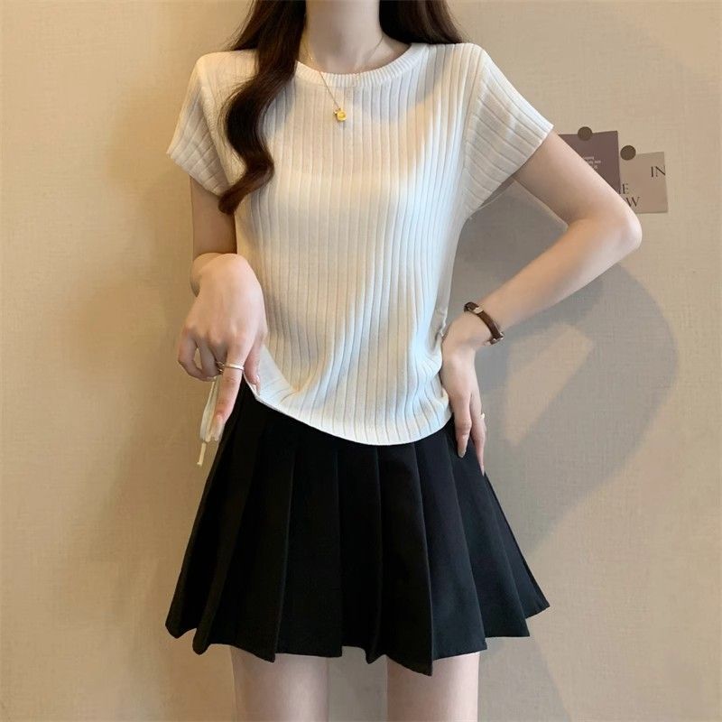 Short - sleeved T-shirt women's thin drawstring waist slim - fitting knitted sweater summer new Spice Girl irregular top women - Negative Apparel