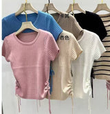 Short - sleeved T-shirt women's thin drawstring waist slim - fitting knitted sweater summer new Spice Girl irregular top women - Negative Apparel