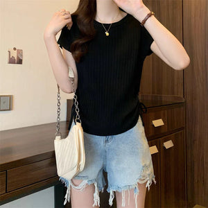 Short - sleeved T-shirt women's thin drawstring waist slim - fitting knitted sweater summer new Spice Girl irregular top women - Negative Apparel